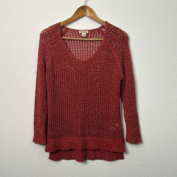 Lucky Brand Red Cerise Open Weave Knit Rust Beach Sweater Women's Large - Picture 1 of 13